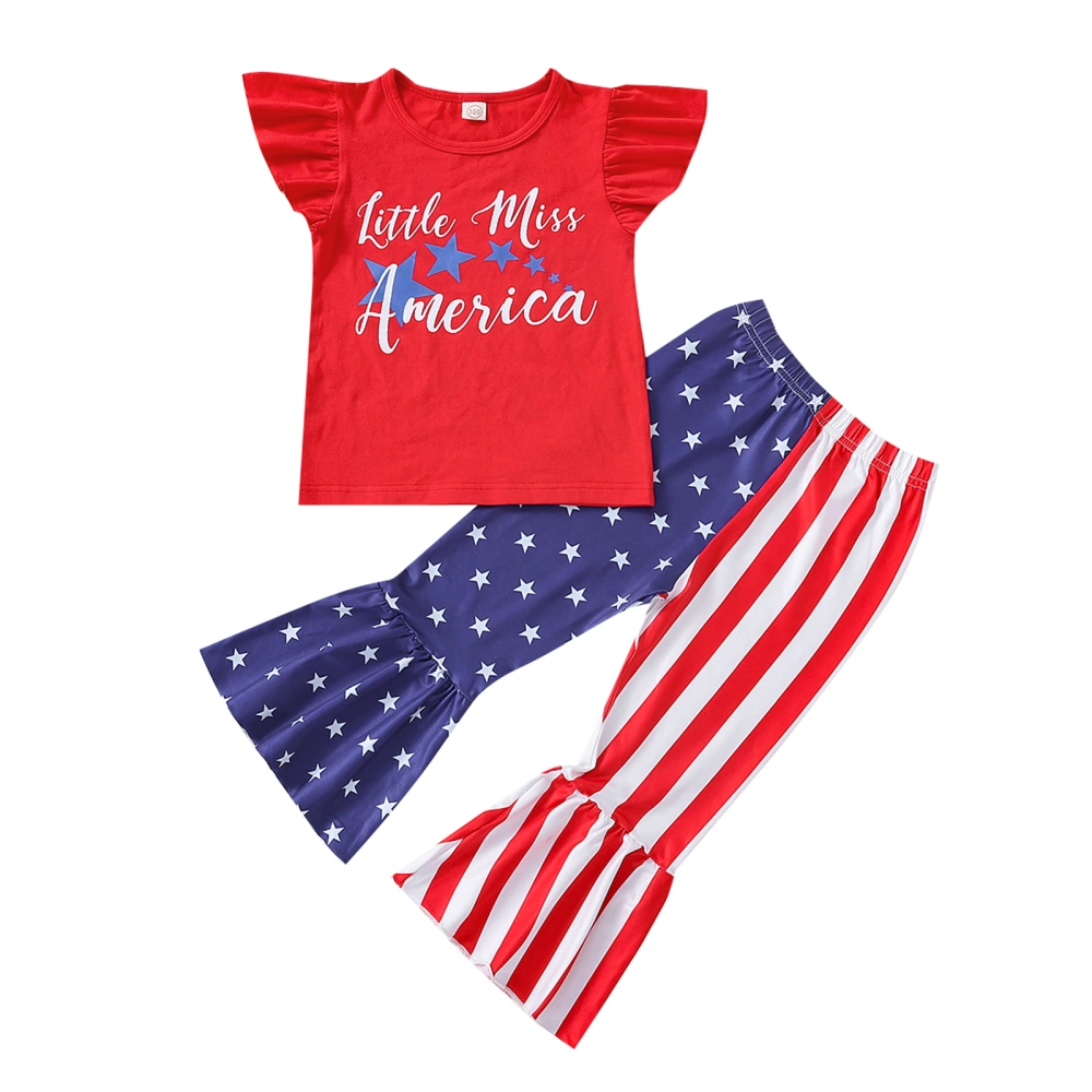 Girls 4th of July Outfits, Fly Sleeve Letter T-Shirt + Flare Pants