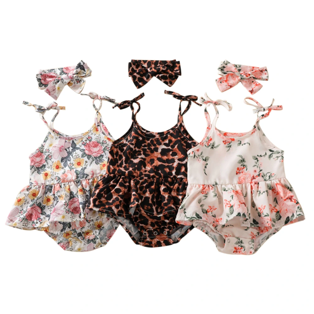 Baby Girl’s Leopard/Flower Lace-Up Suspender Romper and Headband