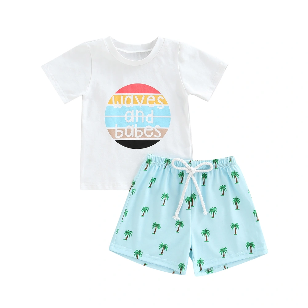 Kids Boys Clothes Set, Crew Neck Letter Tops + Drawstring Shorts