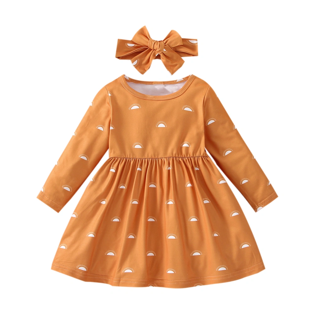 Toddler Girls Dress, Half Sun Printed Long Sleeve Dress with Headband