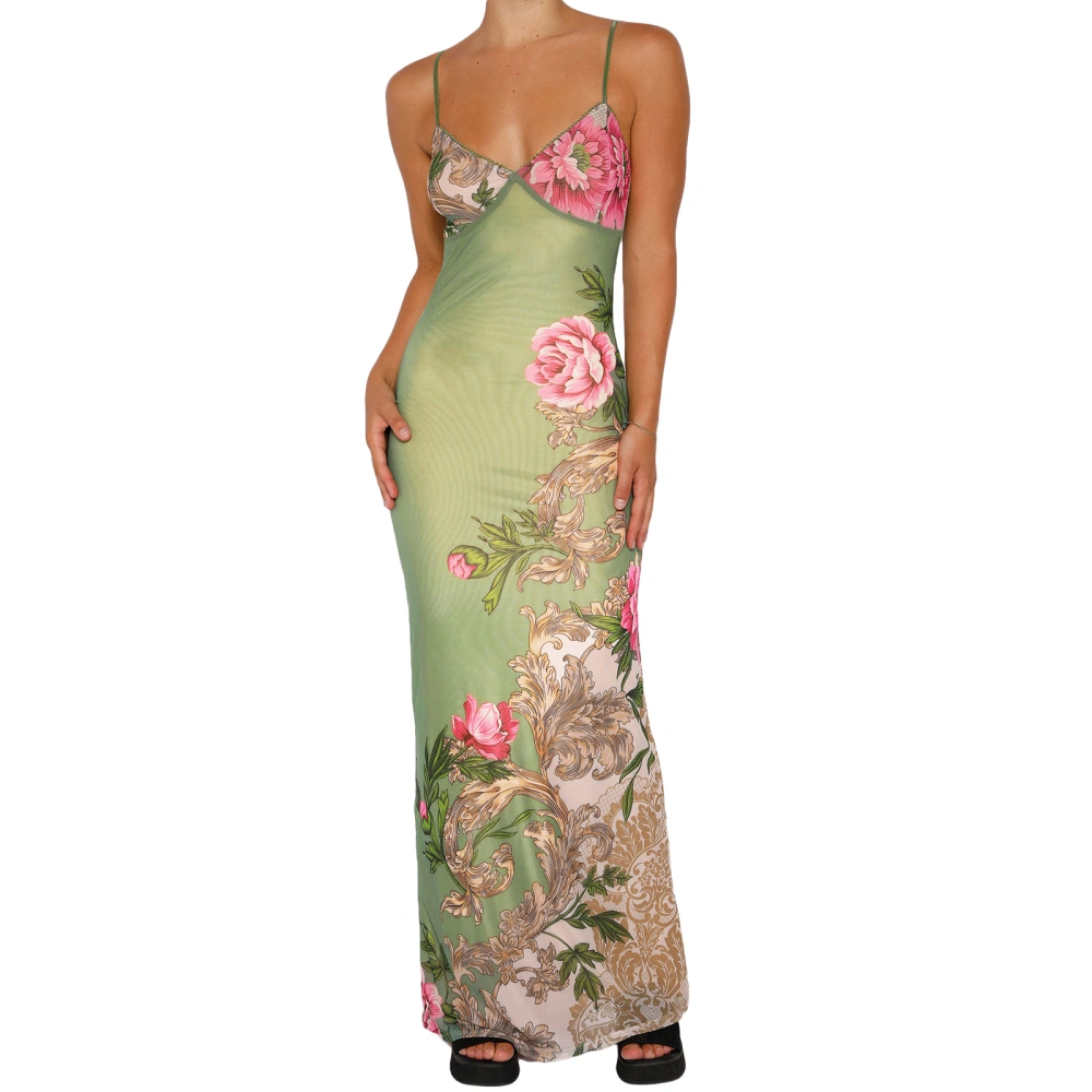 Women Long Bodycon Dress Floral Print V-Neck Sleeveless Sling Dress