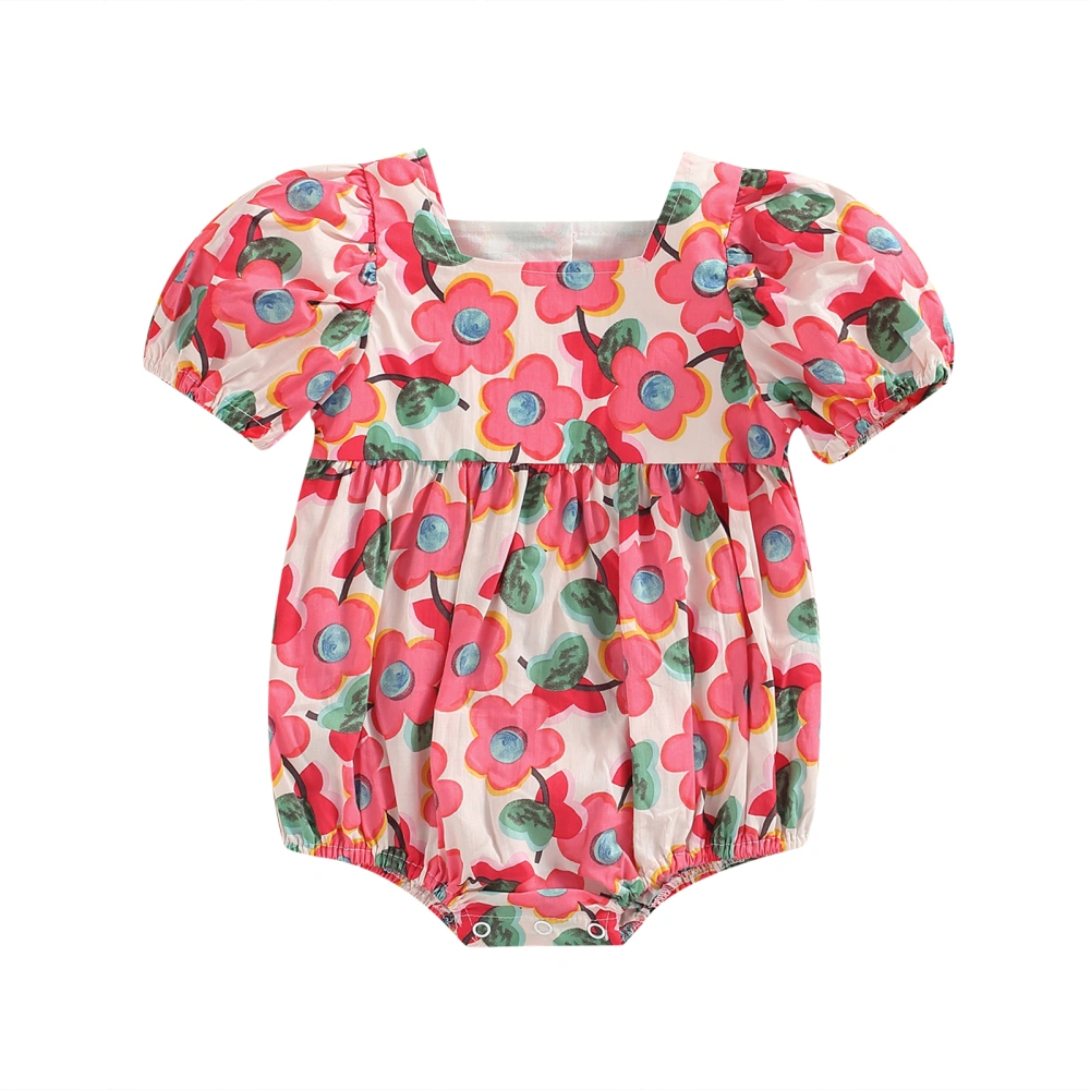 Newborn Girl Short Sleeve Romper, Floral Printed Button Sweet Bodysuit