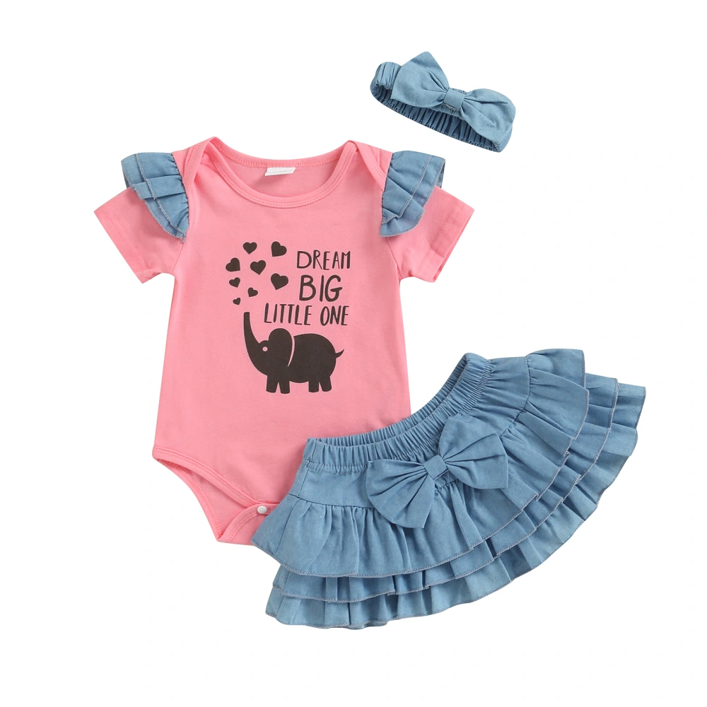 Baby Suit Set, Round Neck Short Sleeve Romper+ Pleated Skirt+ Headband