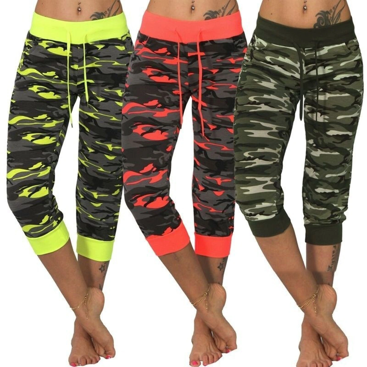 Ladies Trousers Drawstring Camouflage High Waist Yoga Cropped Pants