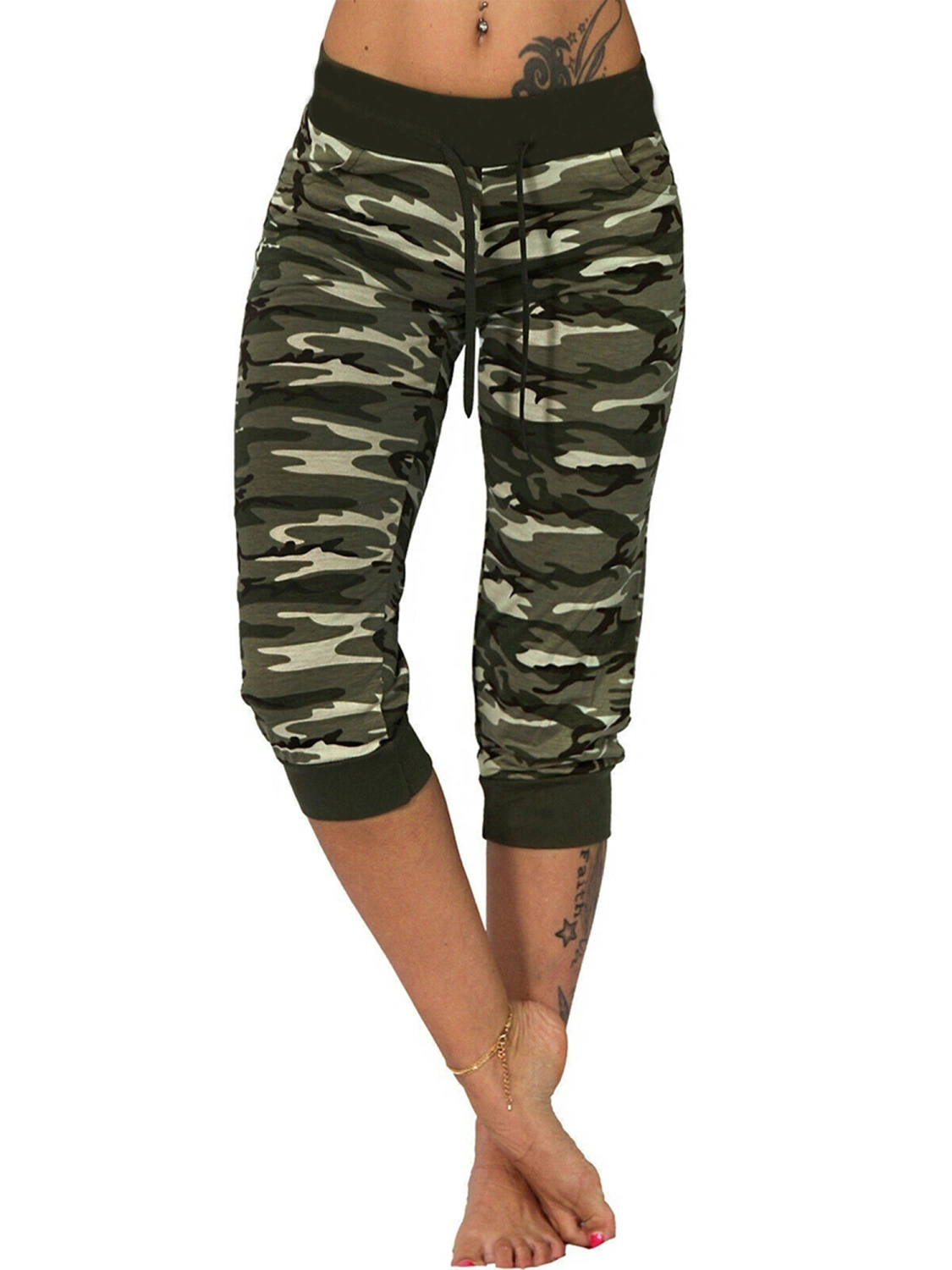 Ladies Trousers Drawstring Camouflage High Waist Yoga Cropped Pants