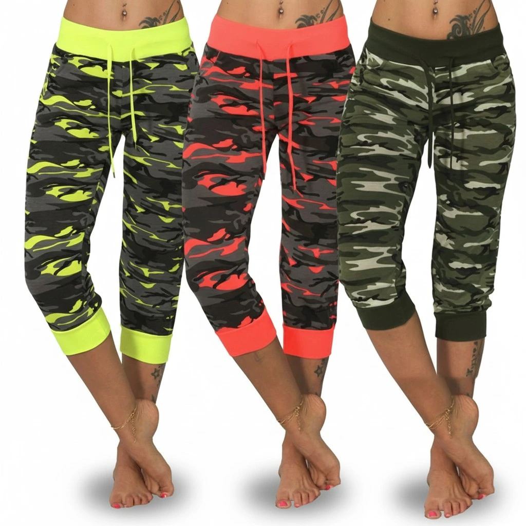 Ladies Trousers Drawstring Camouflage High Waist Yoga Cropped Pants