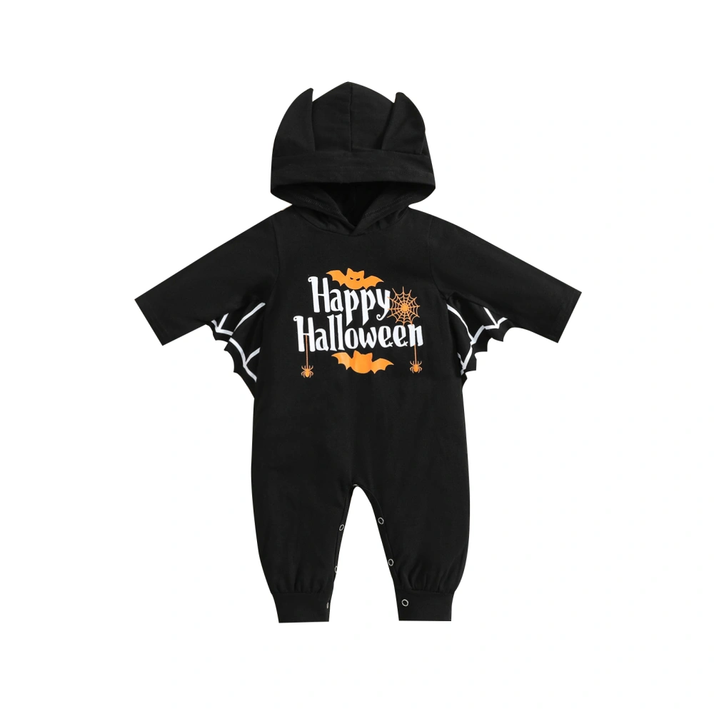 Baby Halloween Hooded Romper, Long Sleeve Pattern Print Overalls