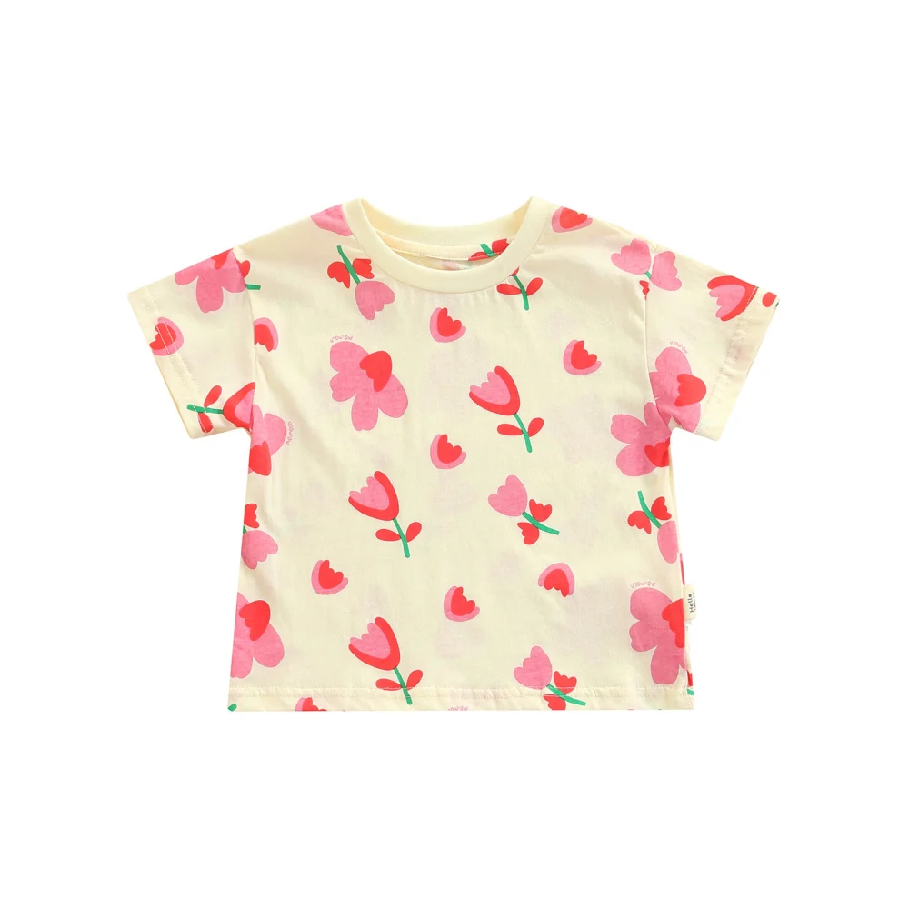 Lovely Little Girl Floral T-shirt, Flower Printed Short Sleeve Tops