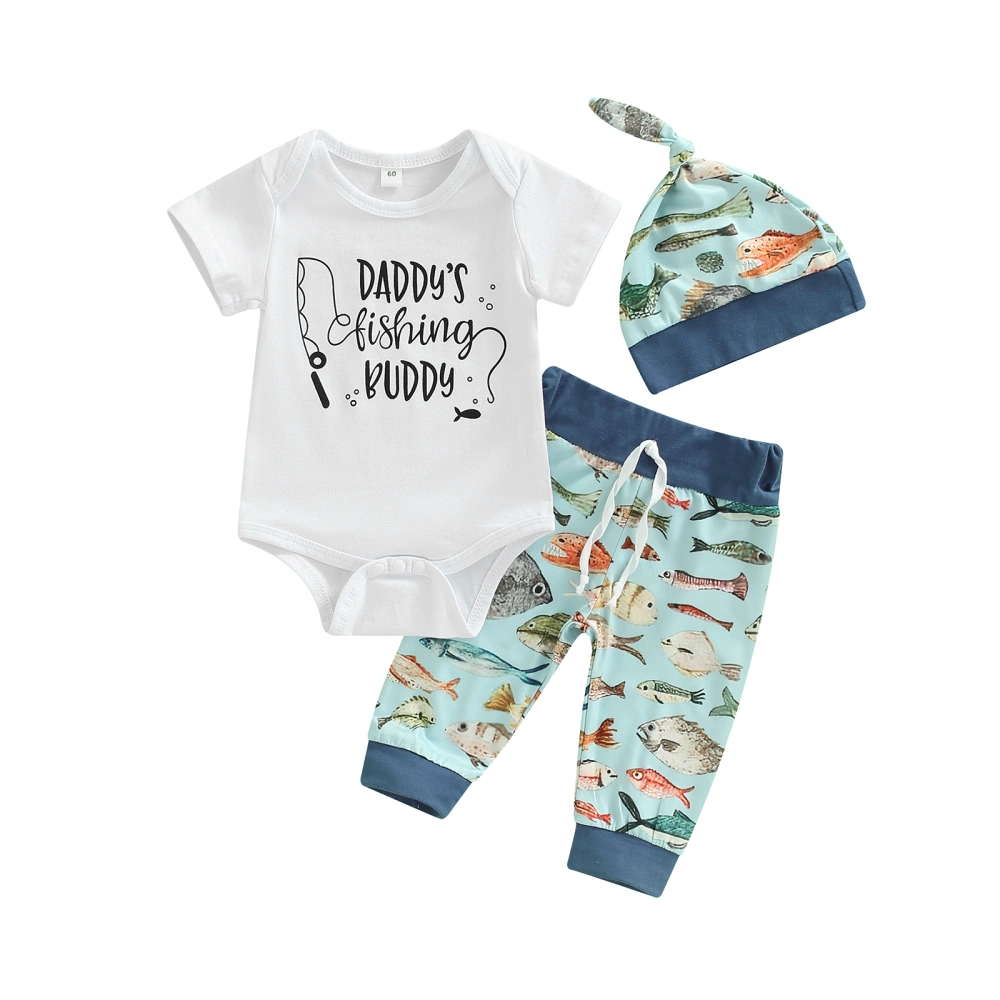 Infant Clothes Set, Round Neck Bodysuit + Cartoon Long Pants + Cap