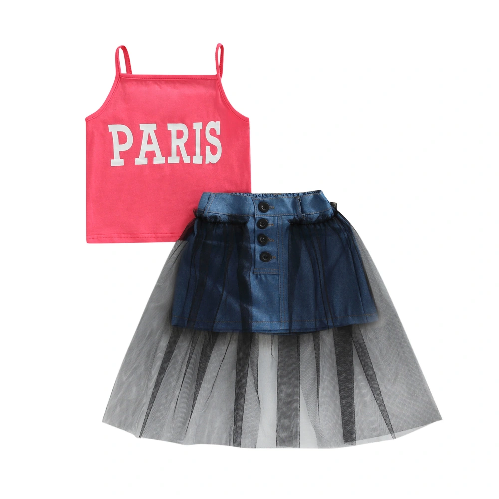 Girls 2PCS Outfits, Sling Letter Tops + Long Mesh Layer Denim Skirt