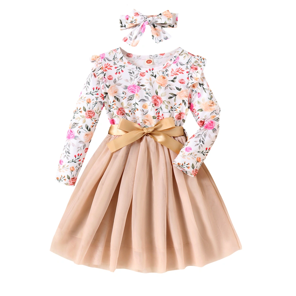 Girls Long Sleeve Floral Print Tulle Patchwork Dress with Headband