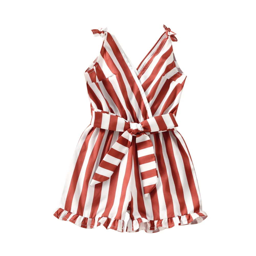 Tie-up Ruffle Playsuit, Striped Print V-neck Romper with Belts