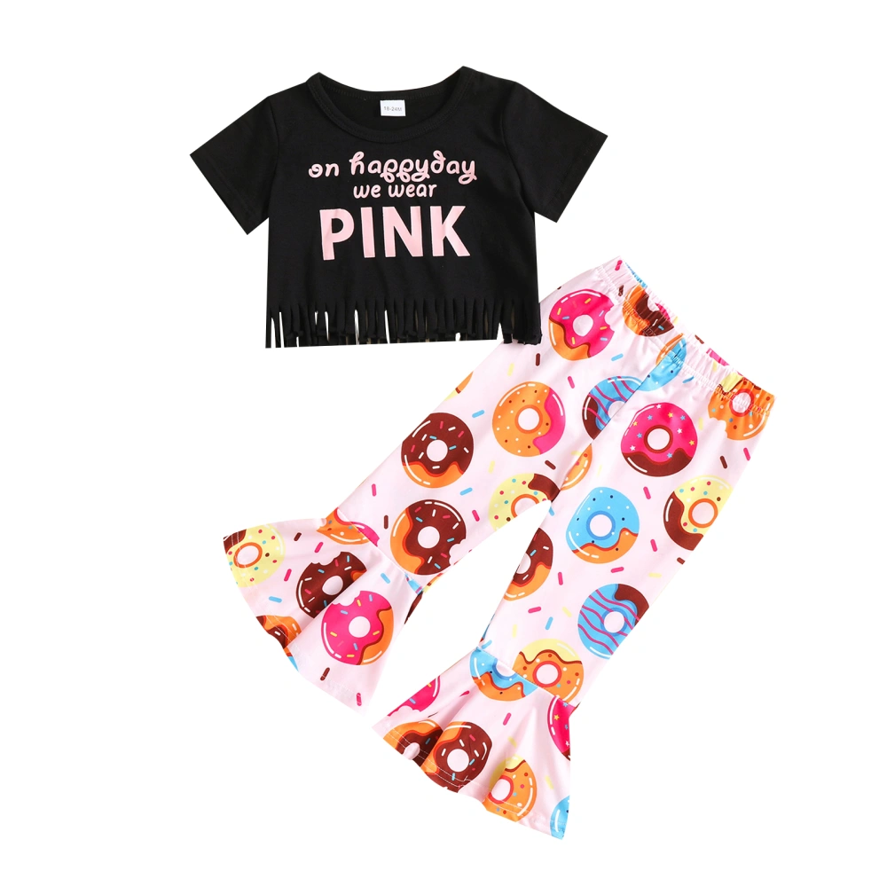 Girls Black Short Sleeve Crop Tops + Donut Print Flared Pants