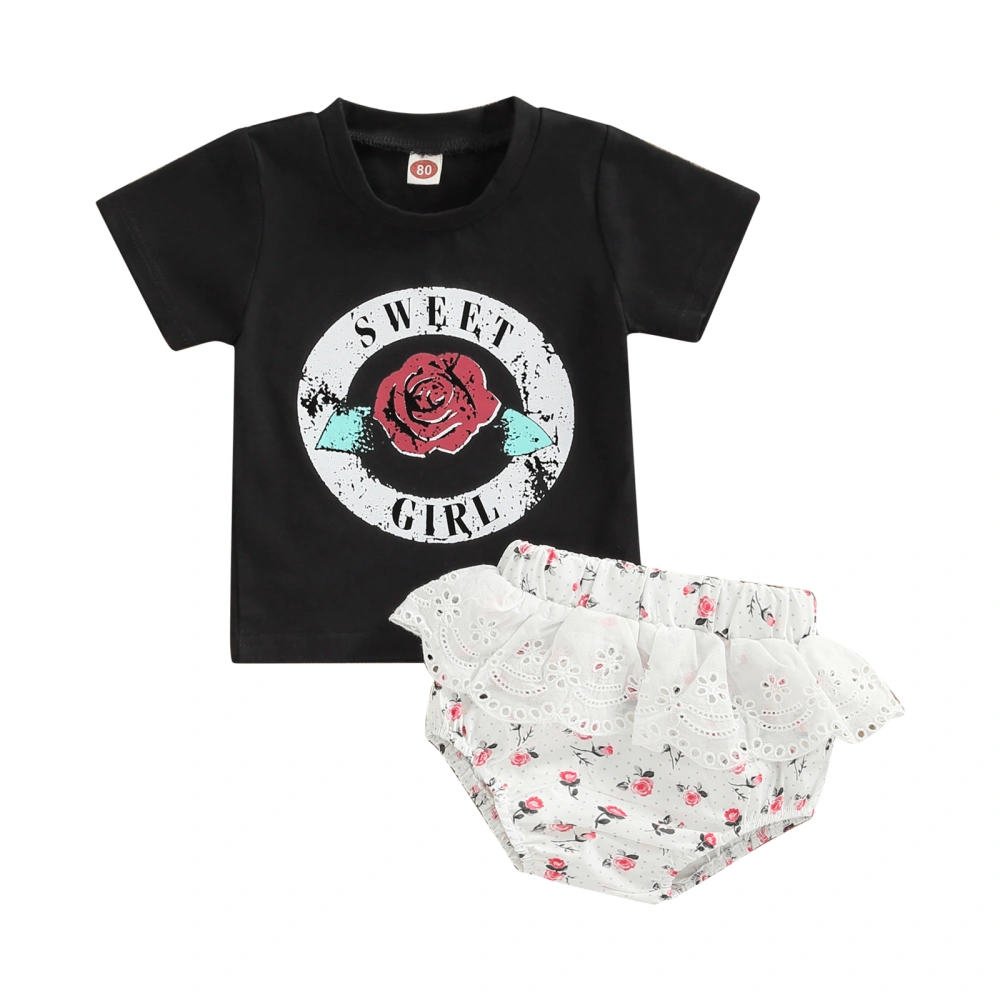 Infant Girl Short Sleeve Tops + Shorts, Letter Floral Lace Clothing