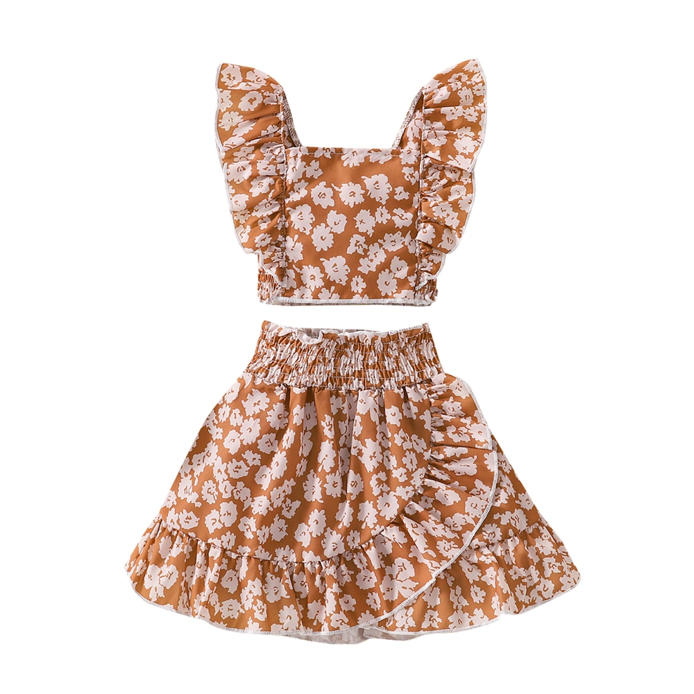 Girls Summer 2PCS Outfits, Ruffle-Trimmed Flowers Tops + Short Skirt