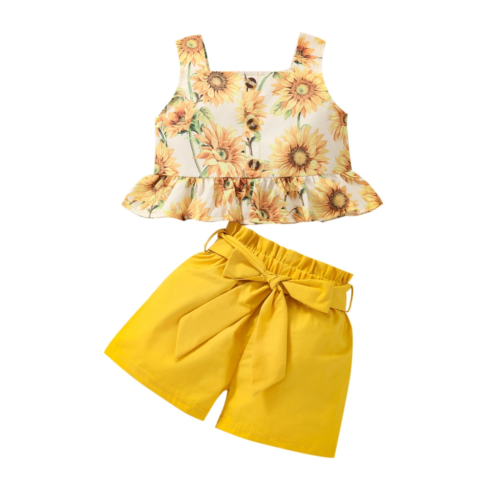 Kids Sunflower Print Square Neck Sleeveless Tops+ Solid Color Shorts