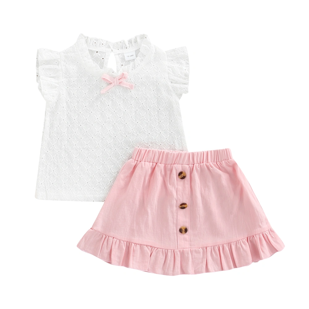 2Pcs Girls Outfits, Hollow-Out Short Sleeve Tops + Frilly Skirt