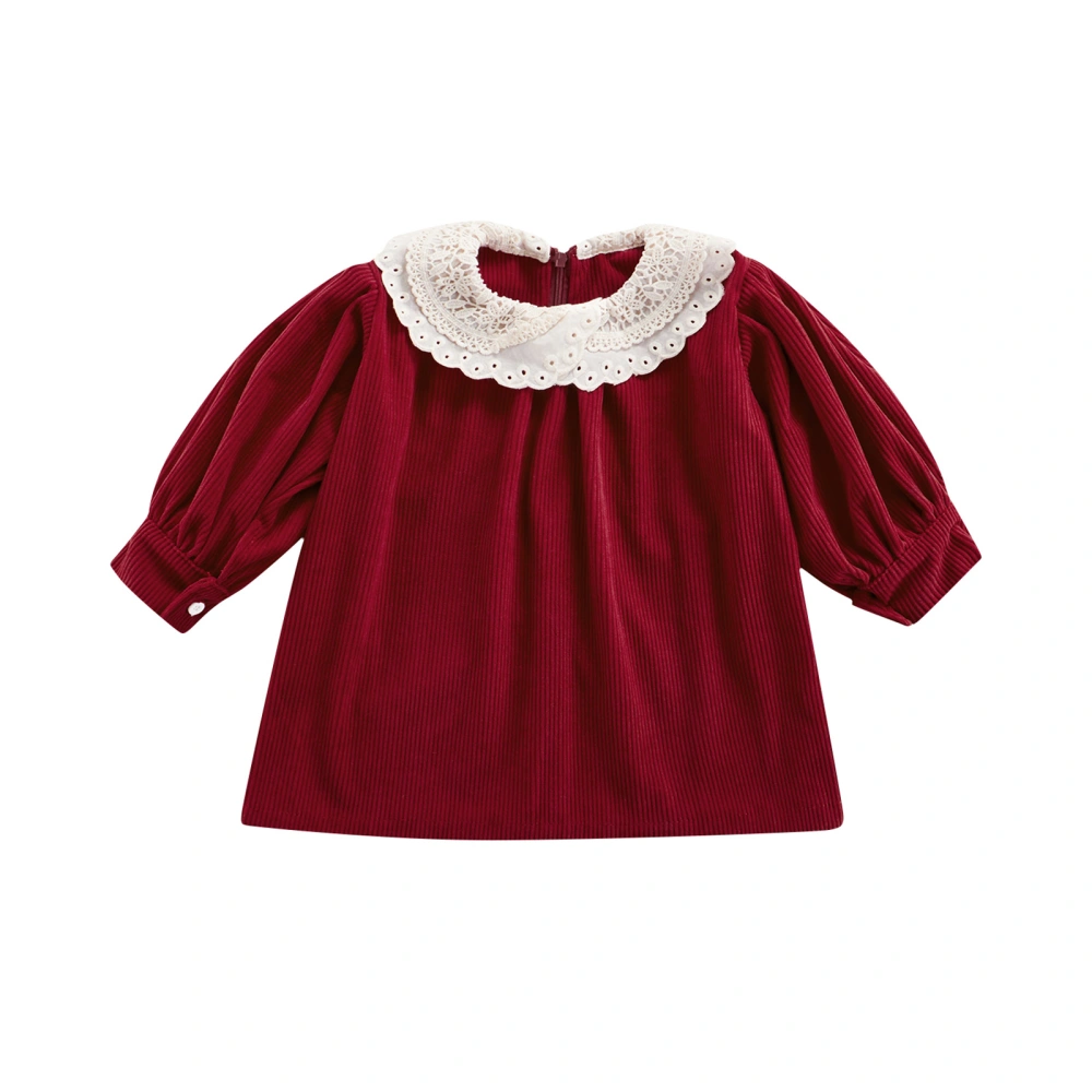 Kid Girls Dress, Lace Peter Pan Collar Long Sleeve Corduroy Dresses