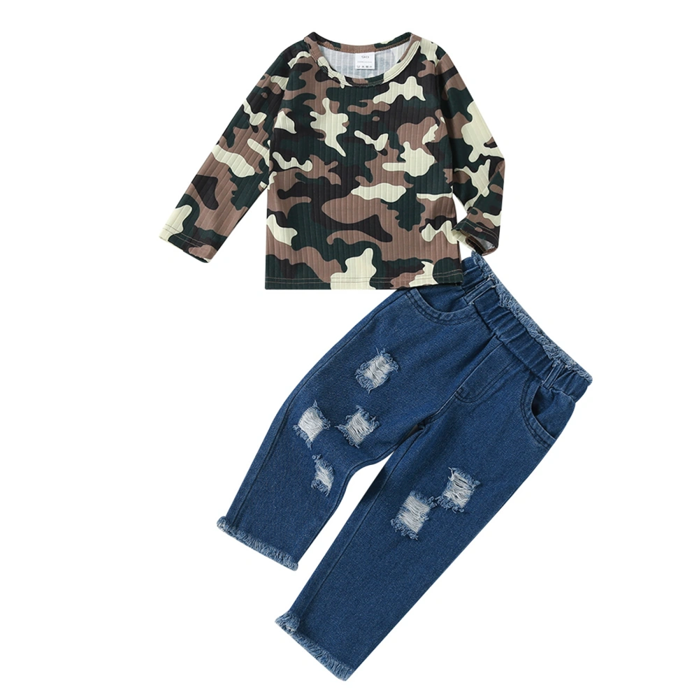 Girls Clothes Camouflage Long Sleeve Knit Tops Ripped Denim Trousers