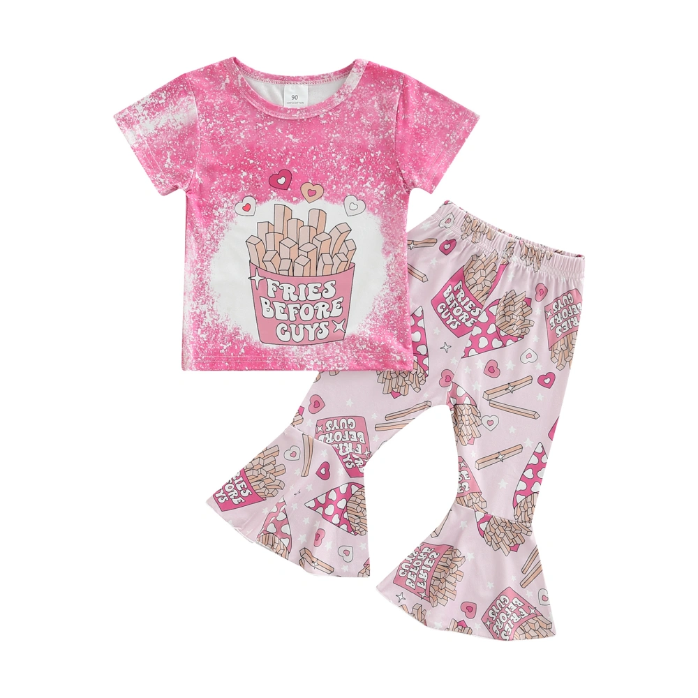 Girls Pants Suit, Printing Round Neck T-shirt and Bell Bottom Pants