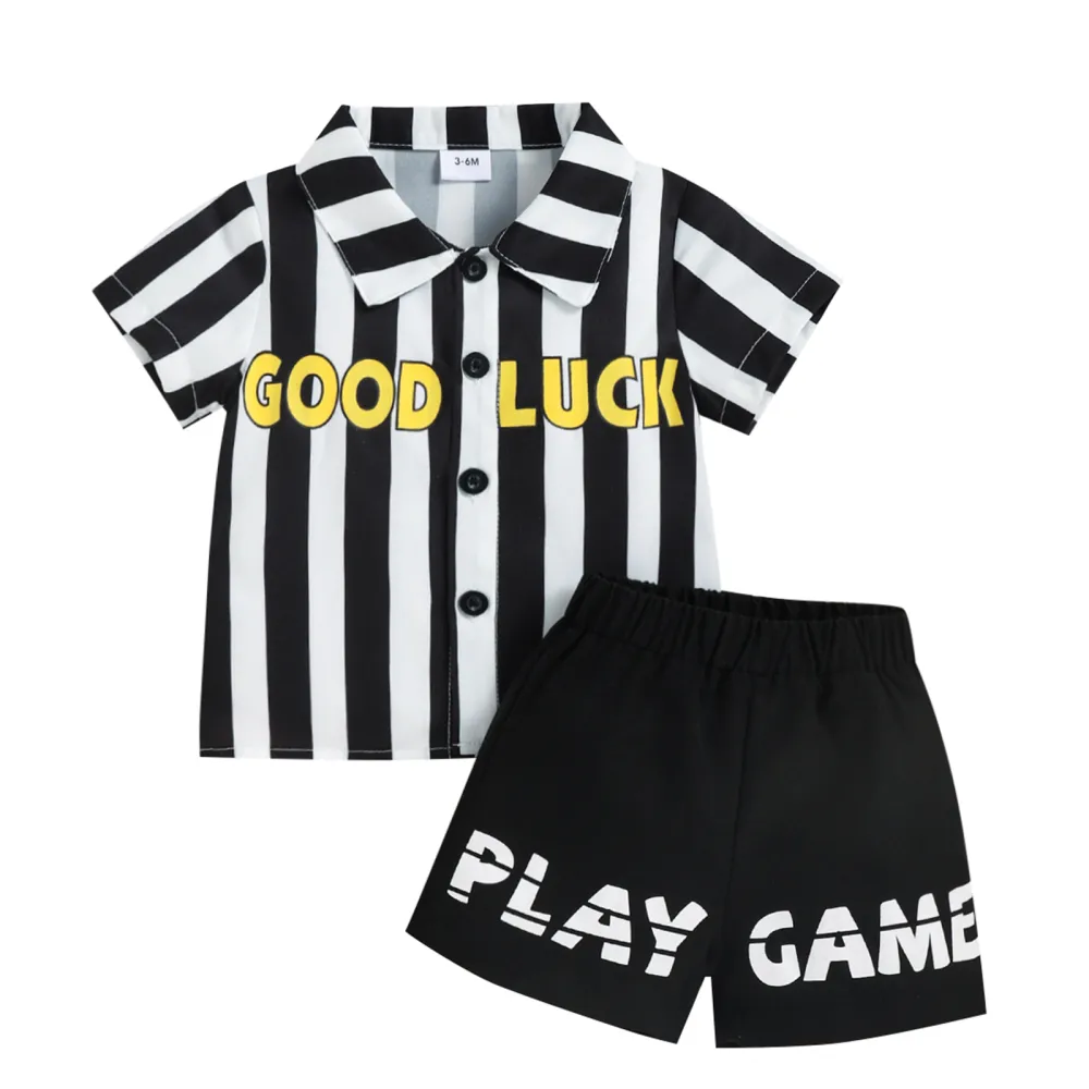 Toddler Boys Suit, Letter Short Sleeve Stripe Tops+Printed Short Pants