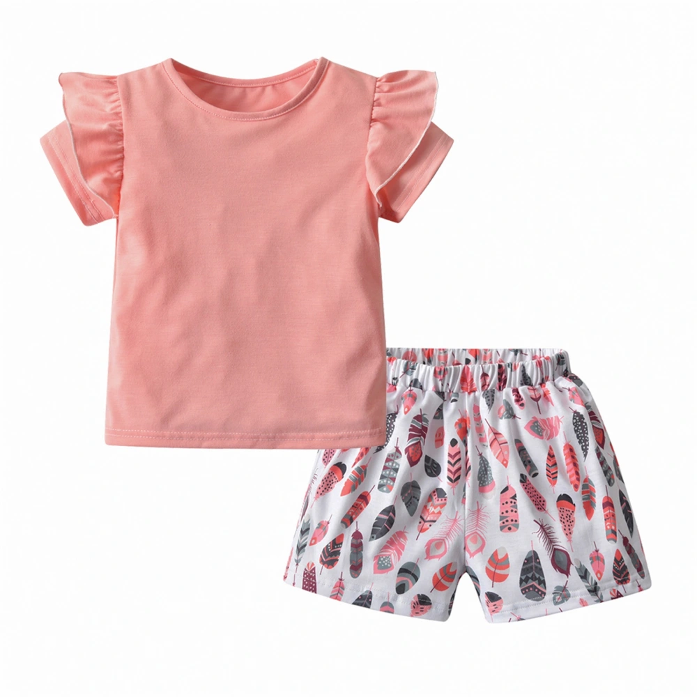 2Pcs Girls Outfit, Ruffle Short Sleeve T-Shirt + Feather Print Shorts