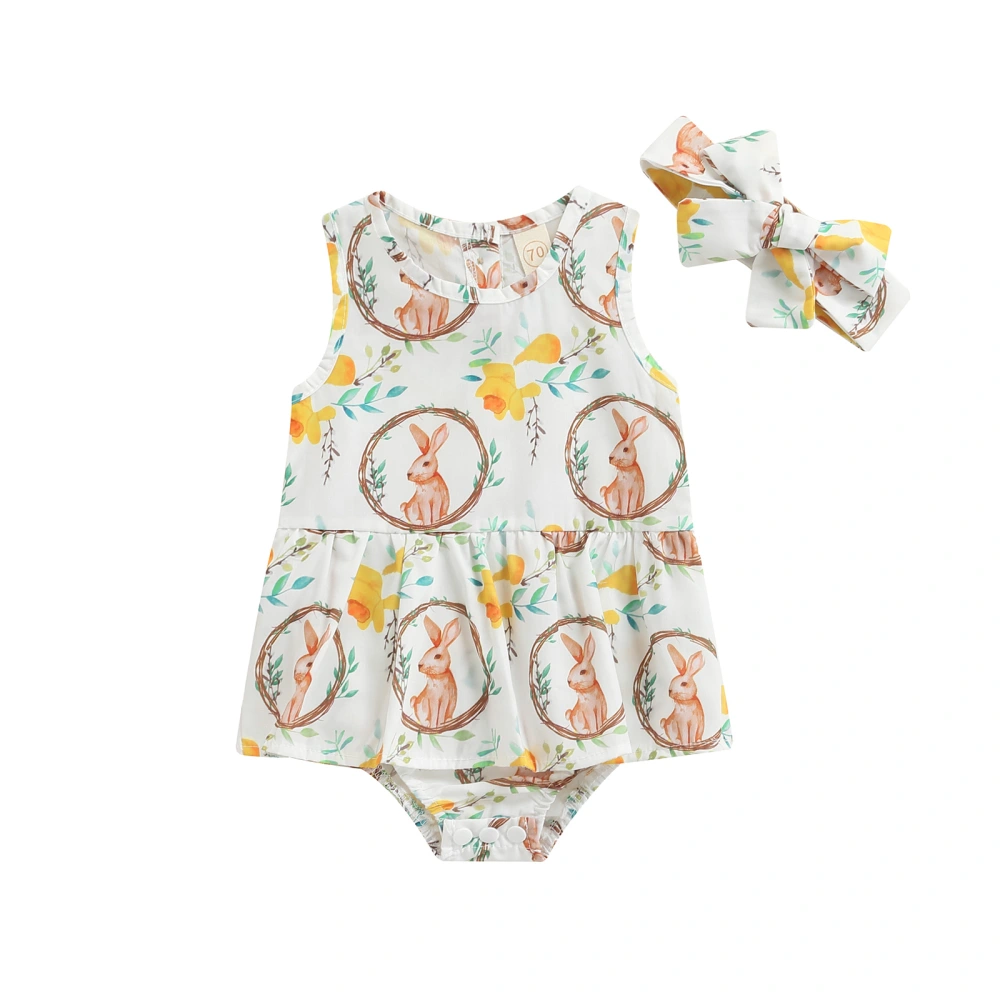 2Pcs Baby Girls Outfit, Rabbit Print O-Neck Romper Dress + Hairband