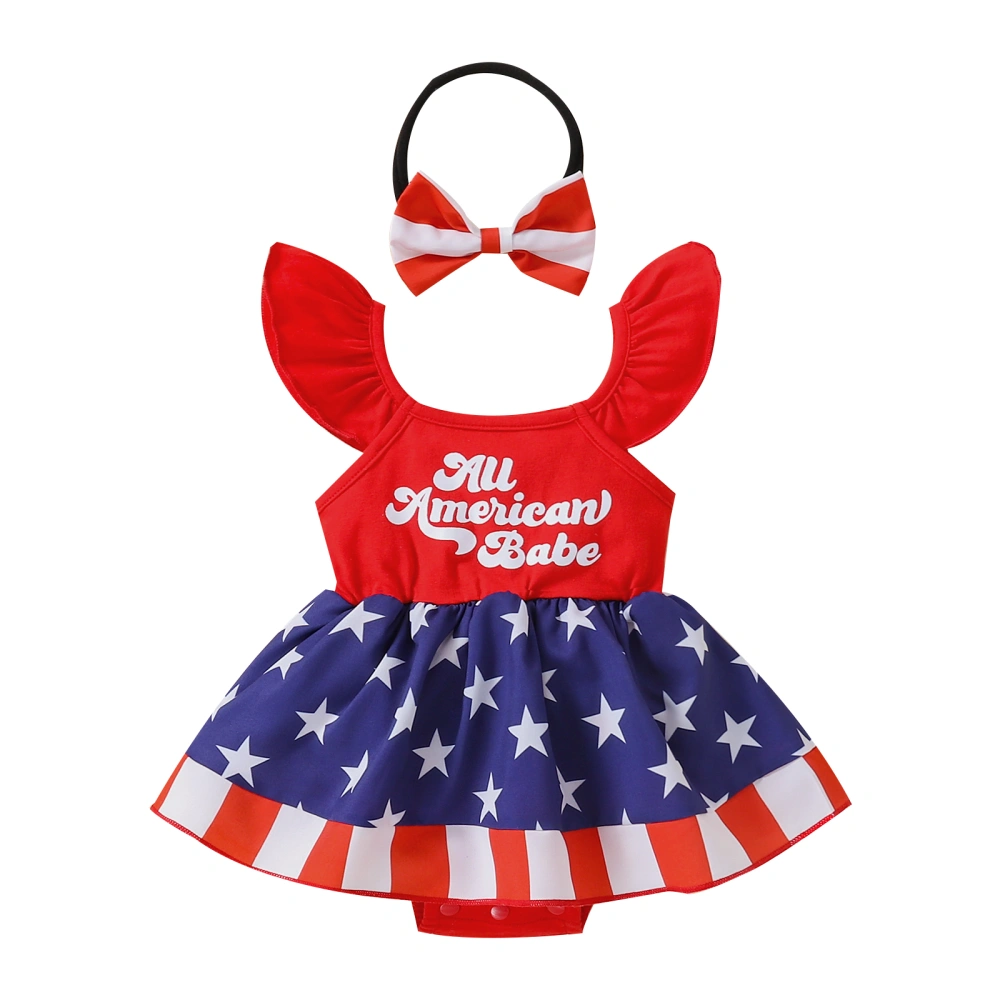 Girls Flying Sleeve Letter & Star Print Tutu Romper + Bowknot Headband