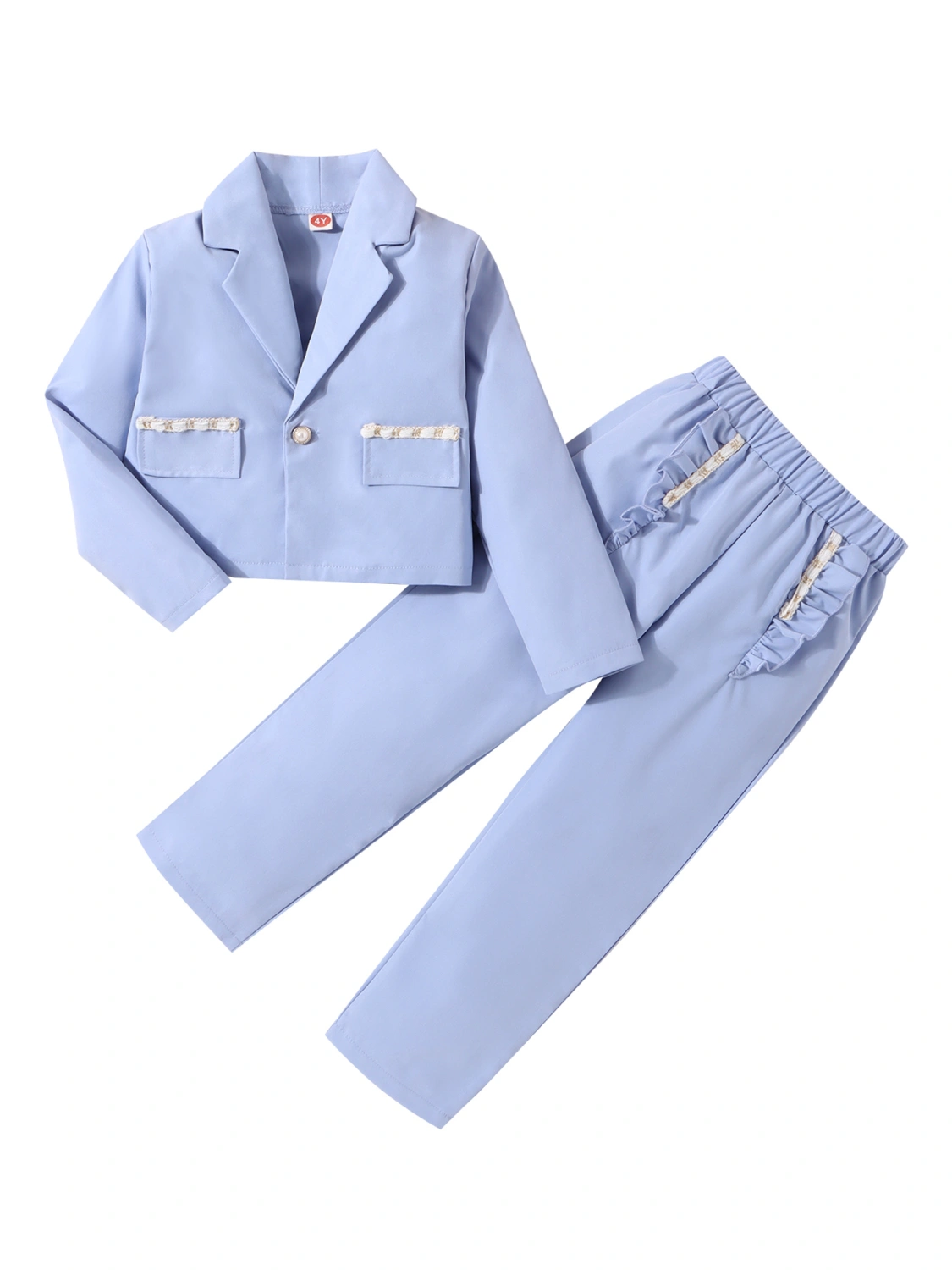 Girls 2 Piece Outfit Solid Color Ruffle Formal Blazer and Pants 