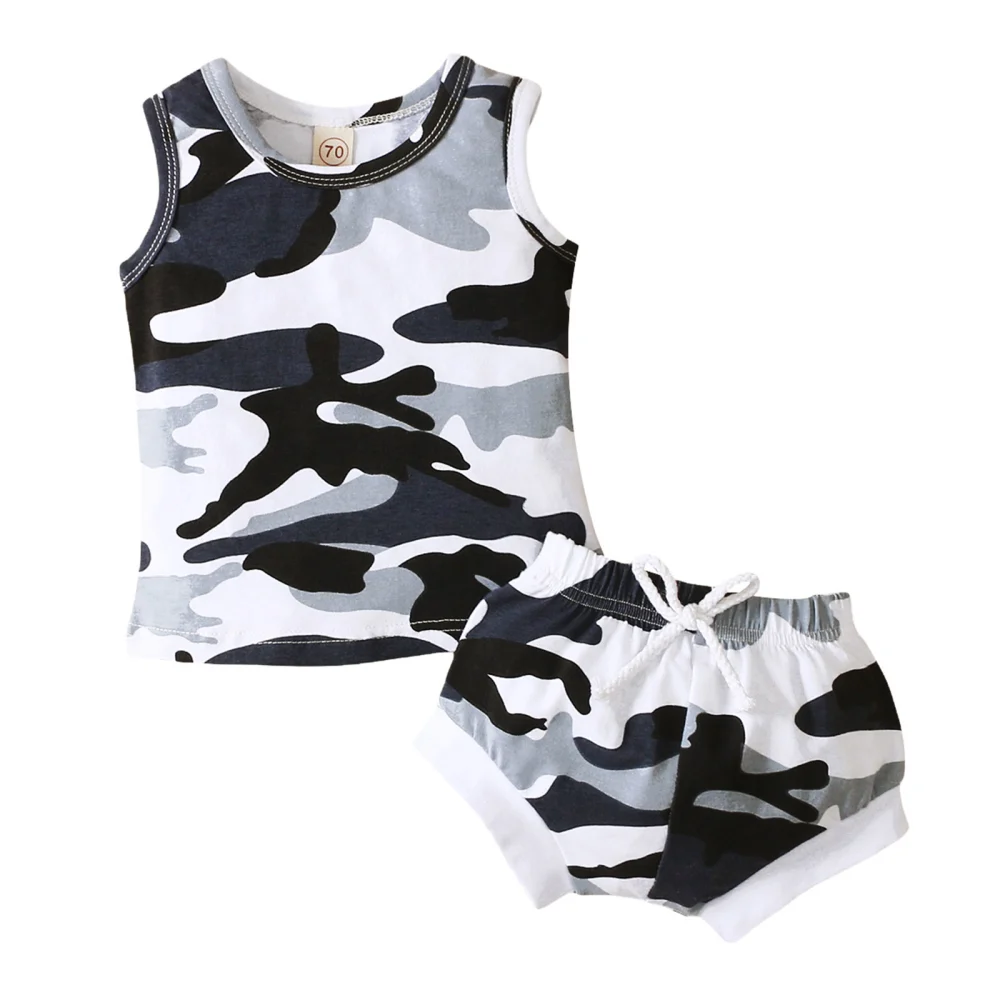 Toddler Summer Outfit, Camouflage/Sun Print Tank Tops + Elastic Shorts