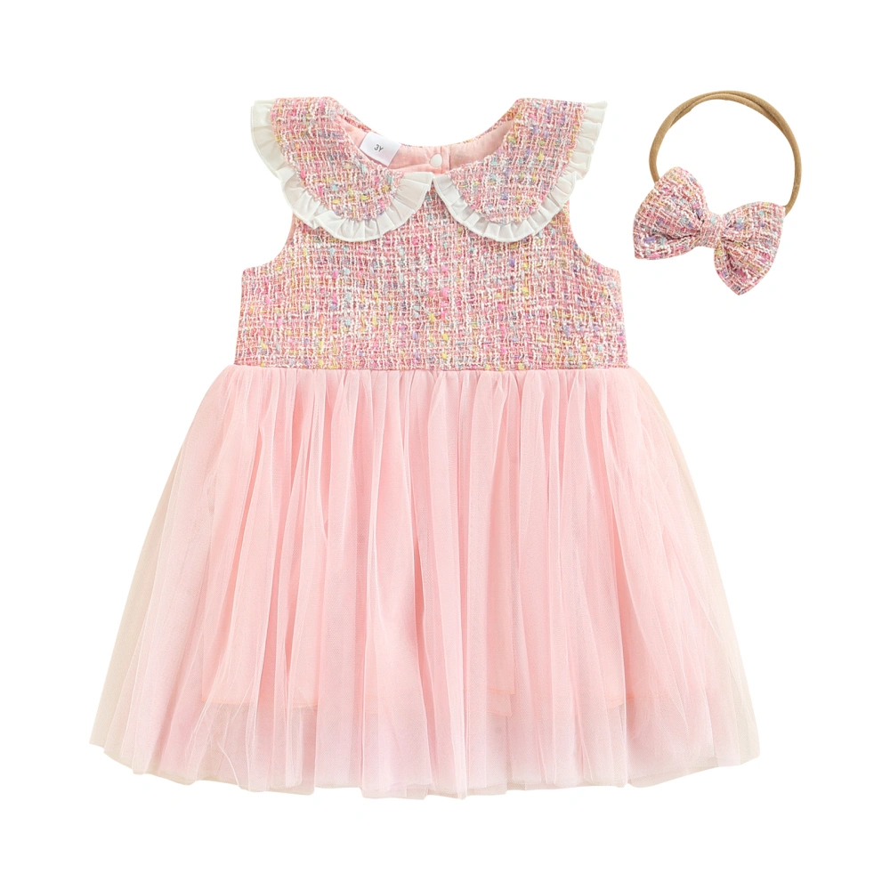 Girls Summer Pink Sleeveless Peter Pan Collar Tulle Patchwork Dress