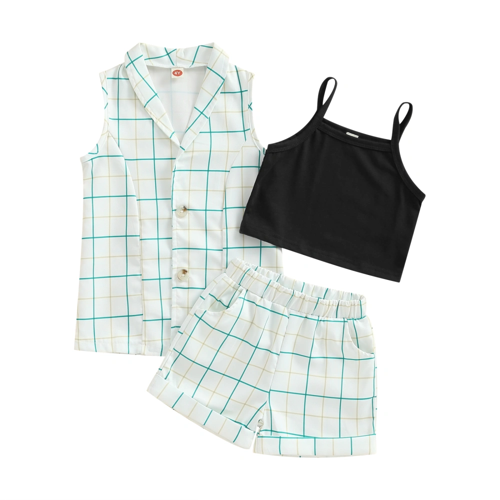 Kids Girl Summer Outfits Cami Tank Tops Plaid Waistcoat Shorts