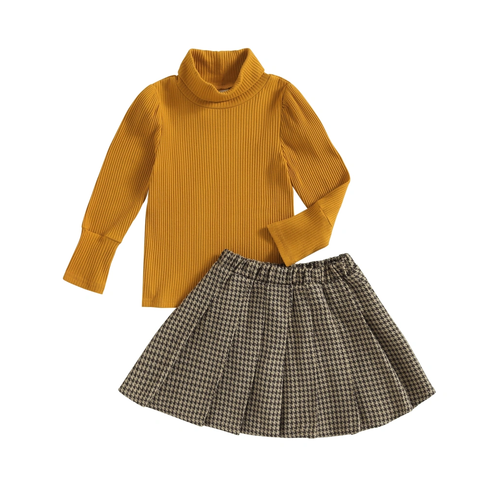 2PCS Kid Girls Fall Clothes Ribbed Knit Tops + Pleated Skirt Set