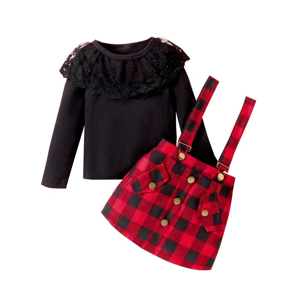 Toddler Girls Black Long Sleeve Ribbed Tops Plaid Suspender Skirt Set