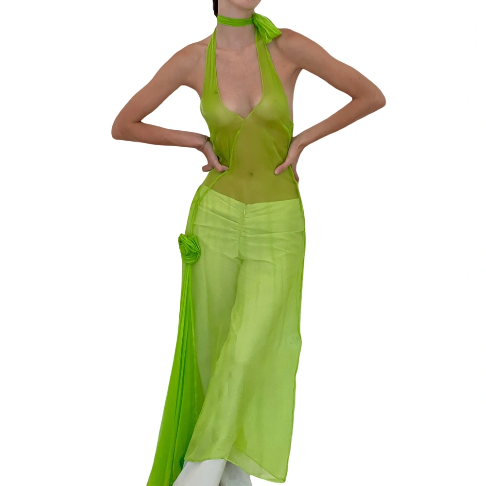 Women's Summer Green Sleeveless Hanging Neck Sheer Clubwear Dress