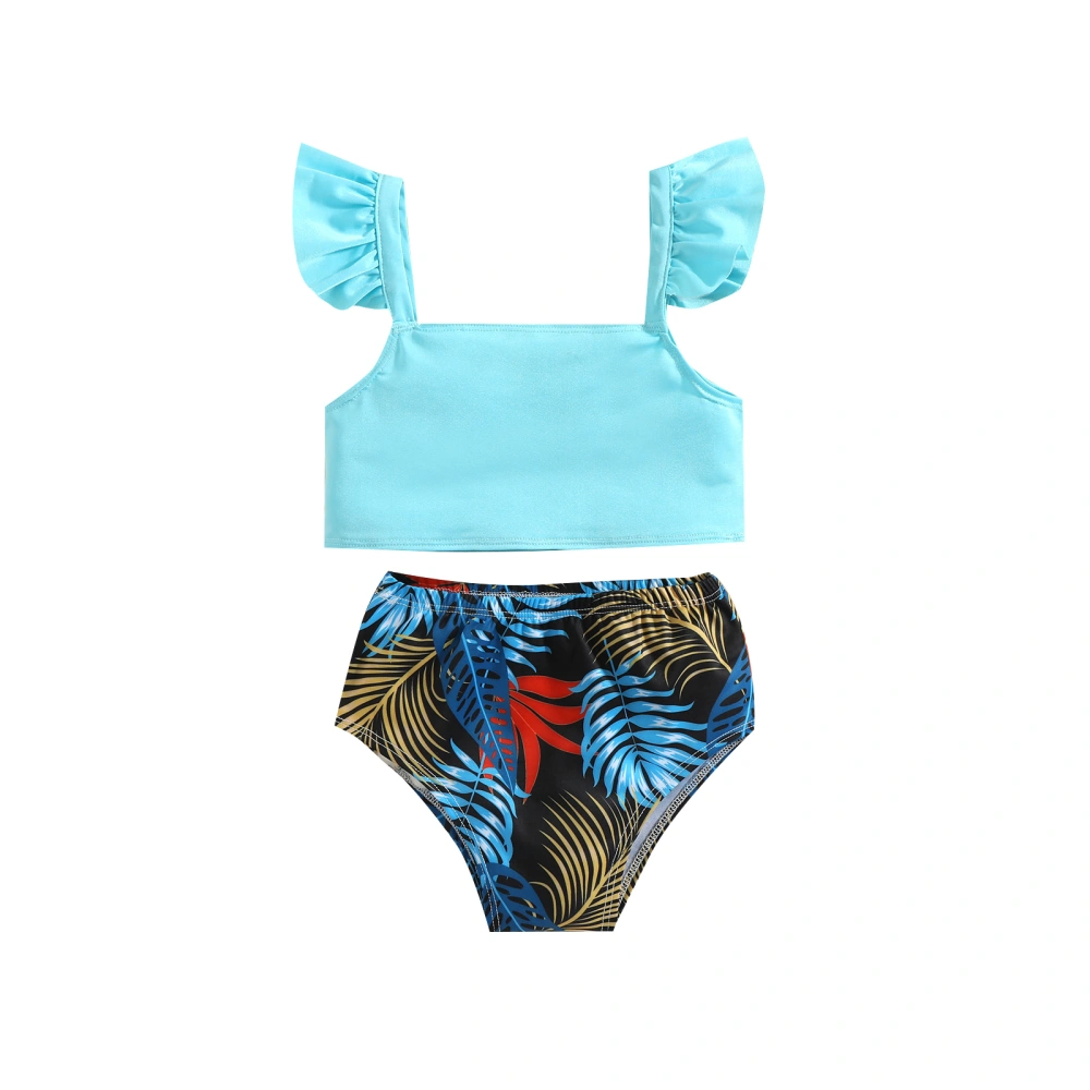 Girl’s Solid Color Ruffles Camisole and Leaves Print Shorts Bikini Set