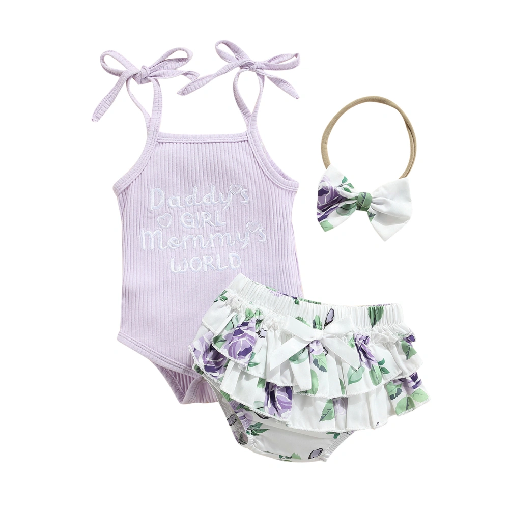 Baby Girls 3Pcs Summer Outfits, Sleeveless Romper + Shorts + Headband