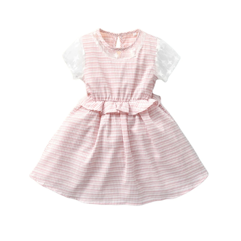 Little Girl’s Fashion Plaid Print Round Neck Lace Short Sleeve Dress