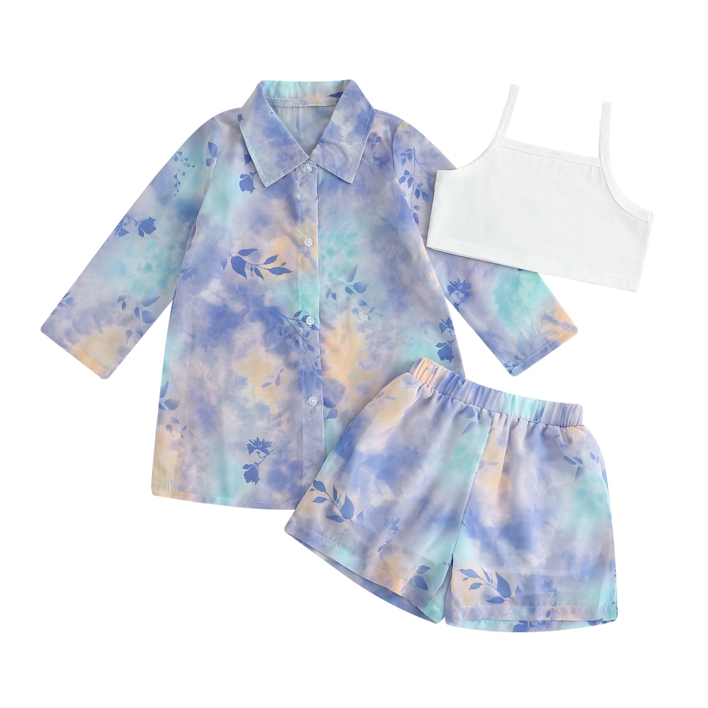 Girls Summer Clothes Set Tie-Dye Chiffon Shirt and Shorts Camisole