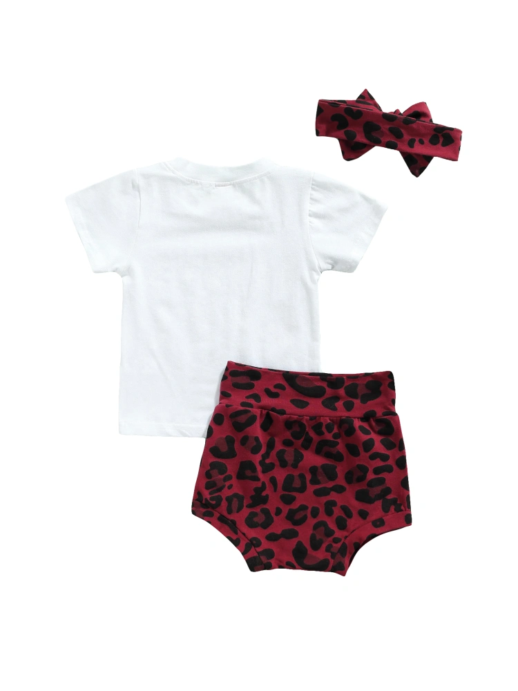 Baby Clothes Set, Letter Print T-shirt+Leopard Print Shorts+Headband