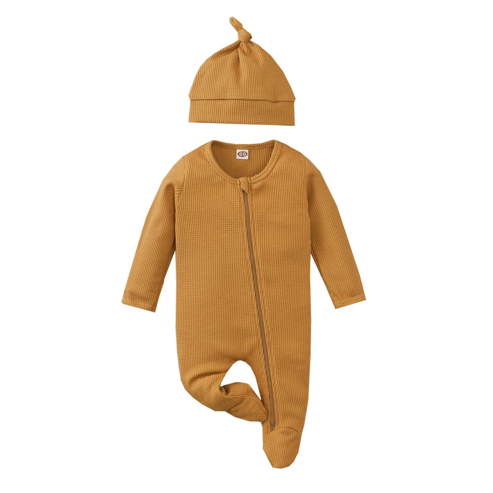 Babies Clothes Set, Solid Color Long Sleeve Footed Romper and Cap