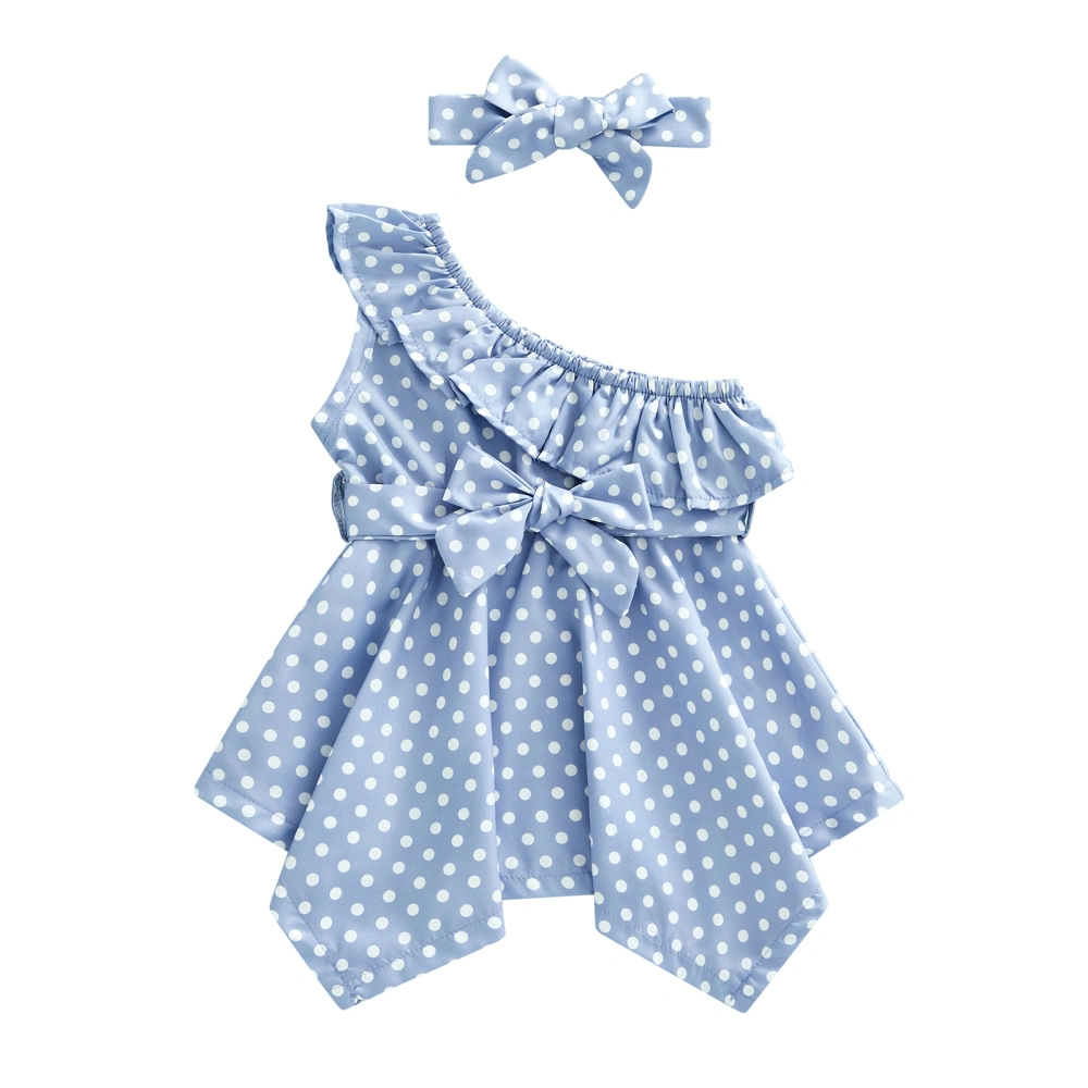 Girls Dress Dots Slanted Shoulders Ruffles Dress with Belt + Hairband