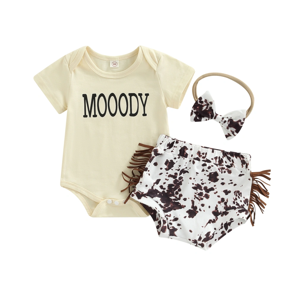 Infant Girls Suit, Letter Romper Tops+Printed Tassel Shorts+Headband