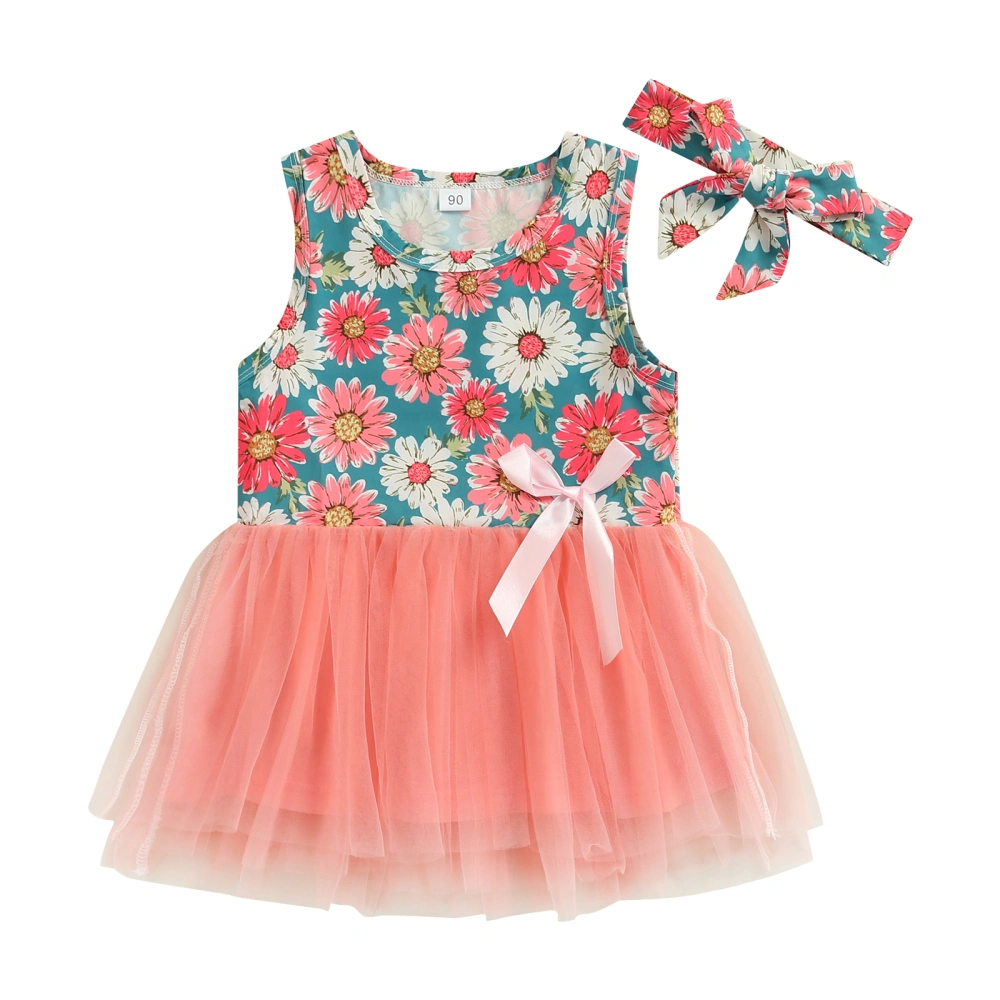 Girl's Dress, Flower/Rainbow Pattern Sleeveless Dress with Headband