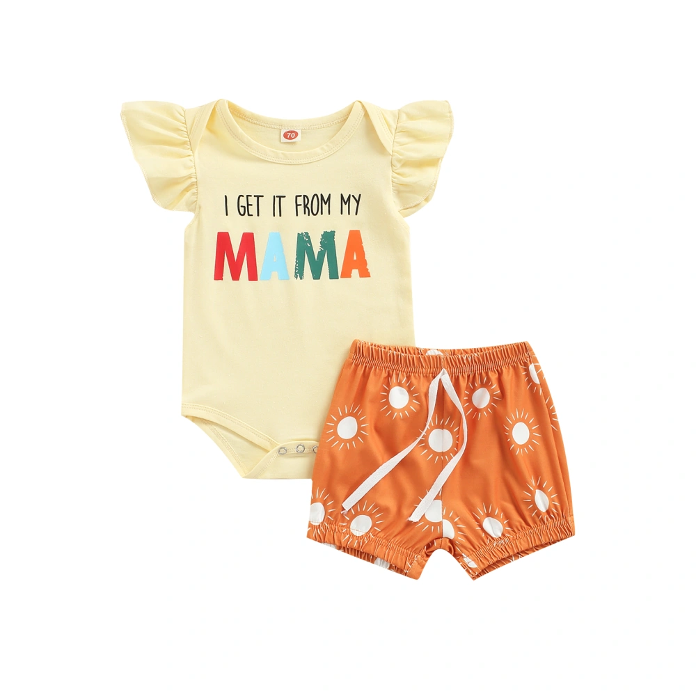 Baby Fly Sleeve Round Neck Letter Jumpsuit + Sun Print Shorts