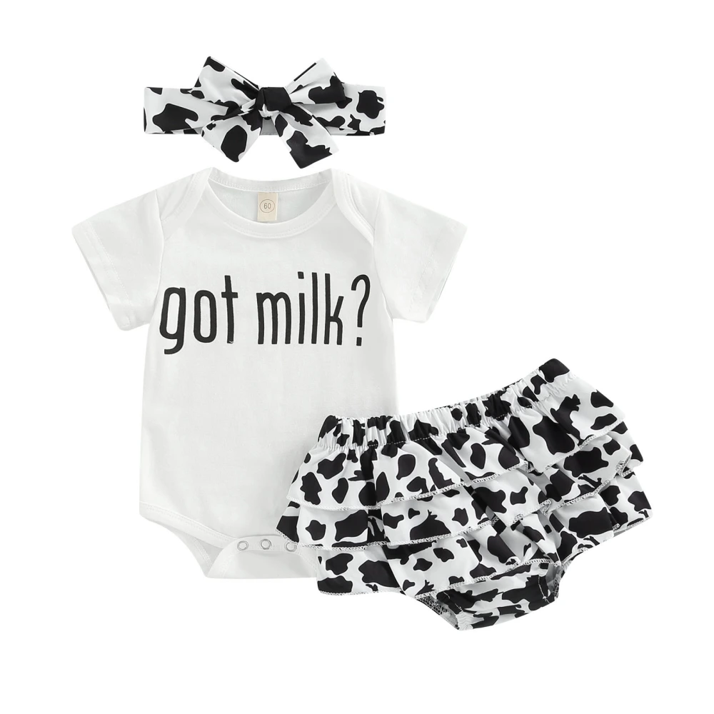 Girls Short Sleeve Letter Romper + Cow Print PP Shorts + Headband