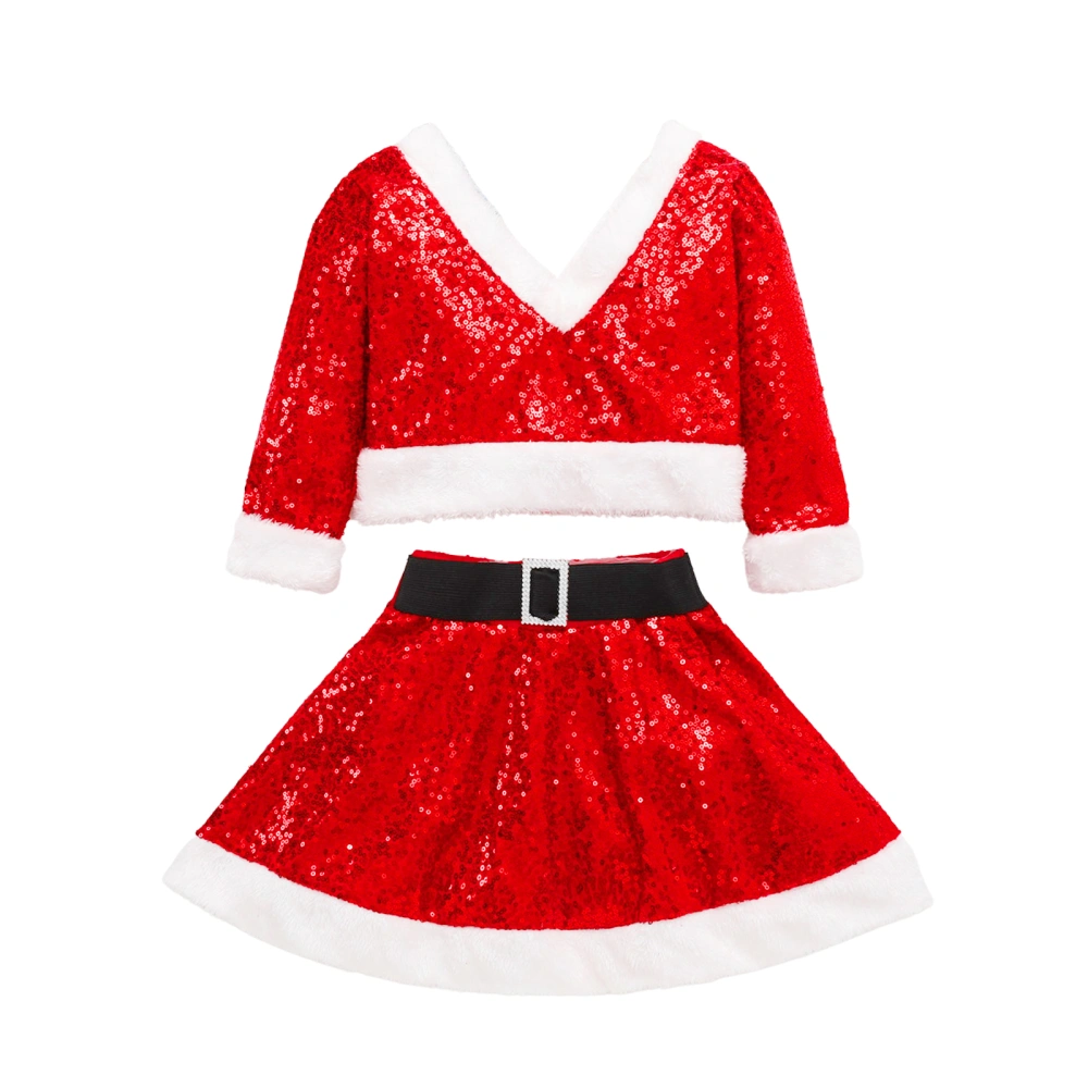 Christmas Little Girls Outfit, Long Sleeve V-neck Sequins Tops, Skirt