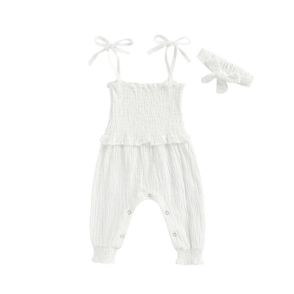 Newborn Girl Outfit Solid Color Ruffle Ruched Jumpsuit with Headband