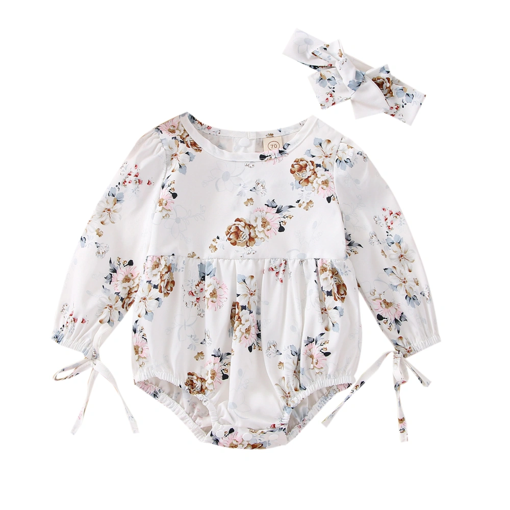 Baby Floral Print Round Neck Long Sleeve Tie-Up Romper+ Headband