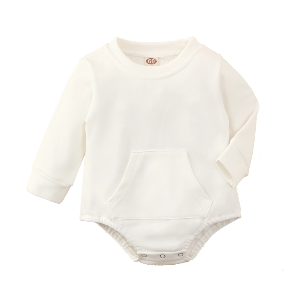 Baby Cotton Romper, Long Sleeve Crew Neck Solid Color Pocket Bodysuit